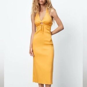 Zara Sz M Linen Blend Yellow Halter Mid Dress